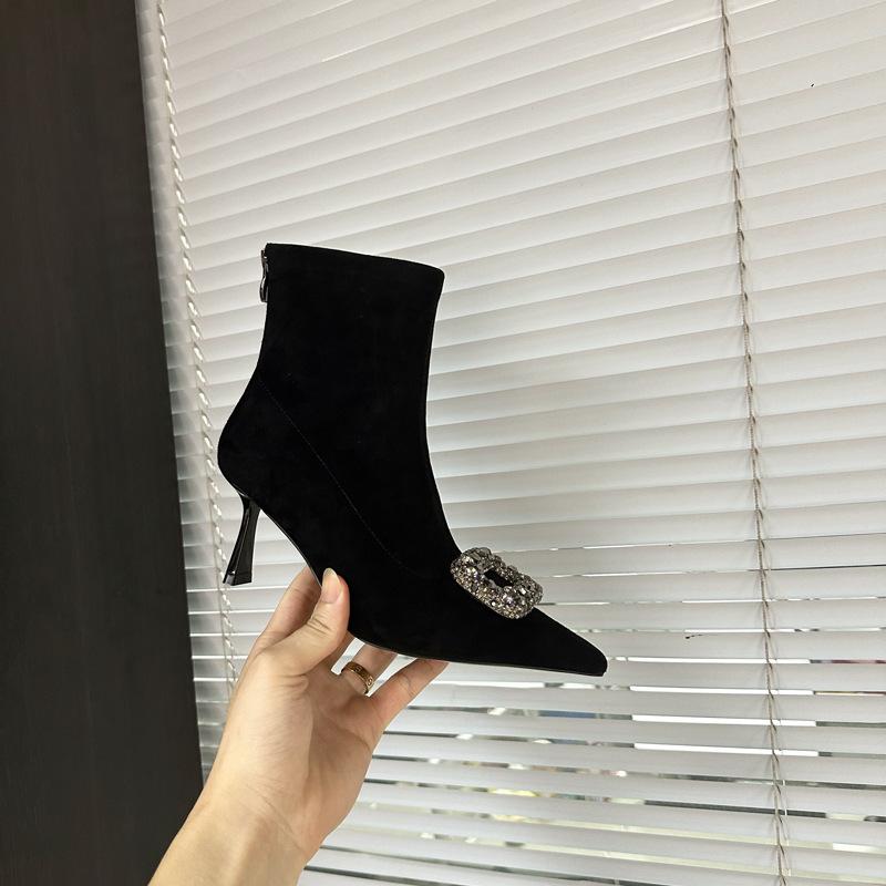 

Французские остроносые ботильоны на тонком каблуке с квадратной пряжкой женские осенне-зимние эластичные на высоком каблуке со стразами 39 чёрный