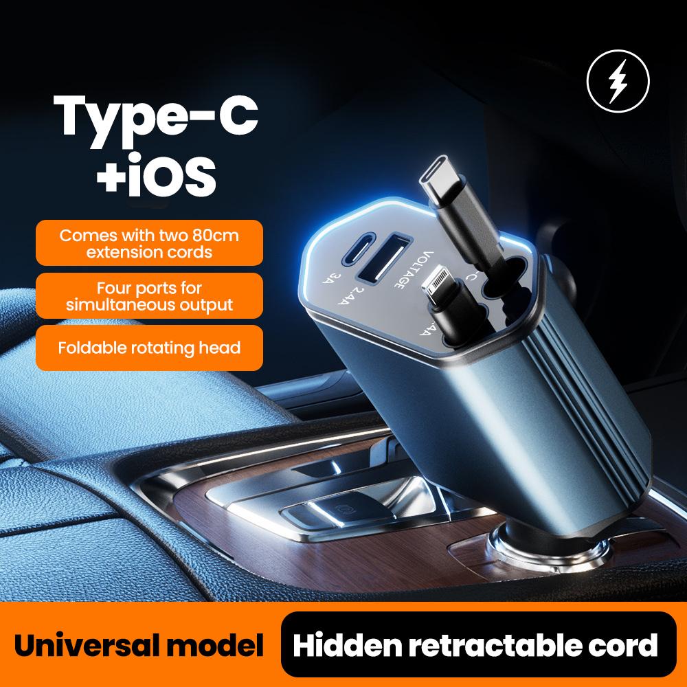 

120W Max Car Charger Fast Charging USB Car Charger with Retractable Type C TO Type C/ ios Cable For IPhone 16 15 14 Samsung Type C to L