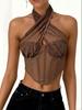 European & American Sexy See-Through Mesh Halter Top with Sequins & Fishbone Rhombus Pattern