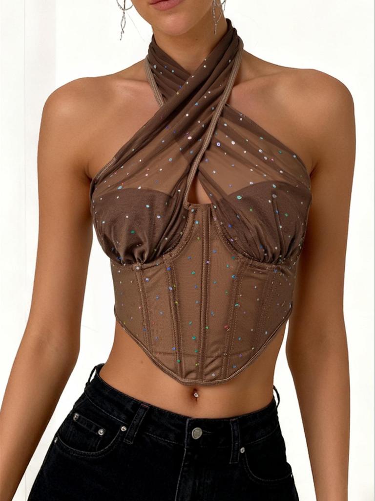 European & American Sexy See-Through Mesh Halter Top with Sequins & Fishbone Rhombus Pattern
