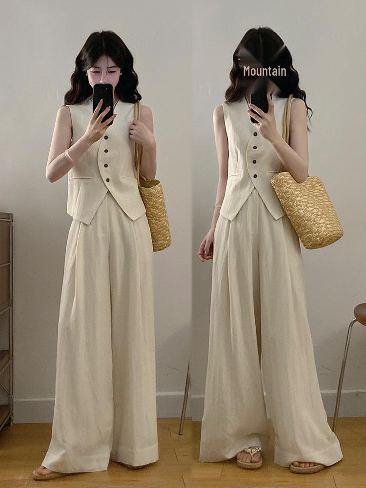 Plus Size Women s Linen Suit Vest & Wide-Leg Pants Set - Summer 2026 Old Money Style XL