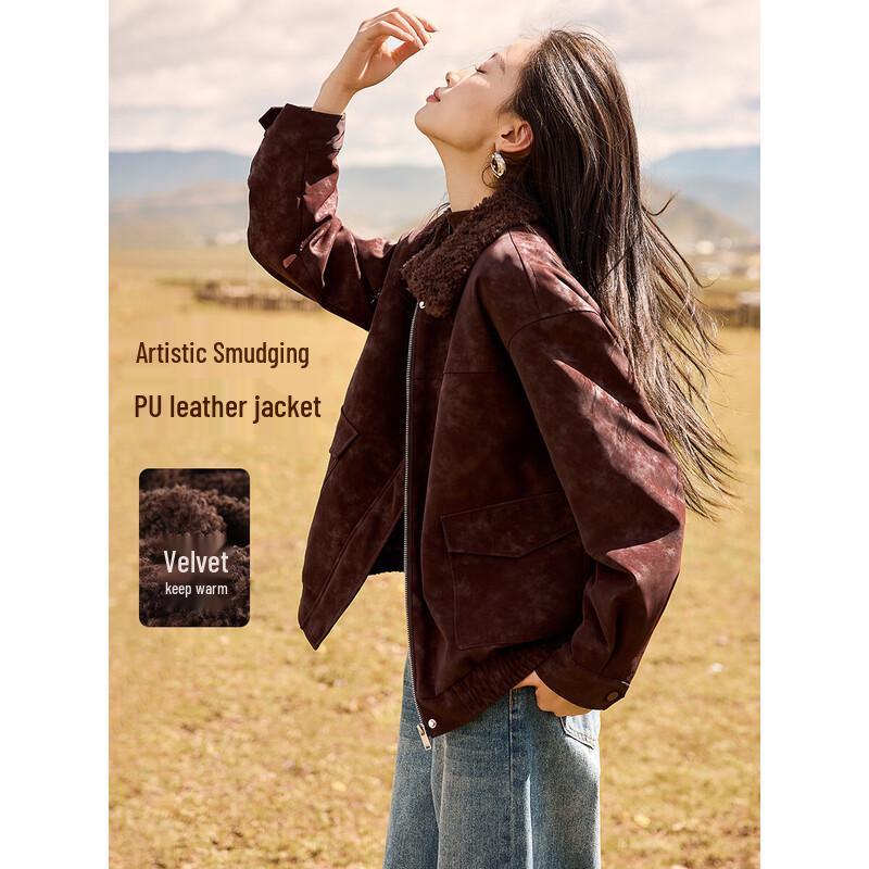 

Mohan Yimei Retro Distressed PU Leather Winter Motorcycle Jacket M