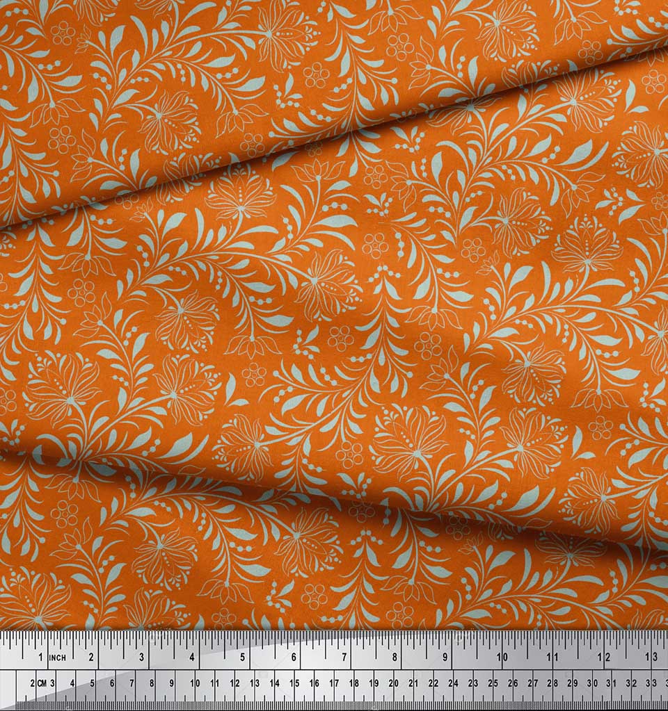 Soimoi Orange Japan Crepe Satin Fabric Artistic Leaf & Floral Print Fabric by the metre 42 Inch
