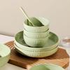 Creative Matcha Green Embossed Ceramic Dishware Set: Includes Plates, Rice Bowls, and Large Soup Bowl