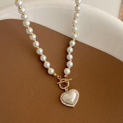 Weiße Imitation Perlenkette Damen Kristallstein Herz Anhänger Süßer Mädchen Schmuck Halskette Collier Femme