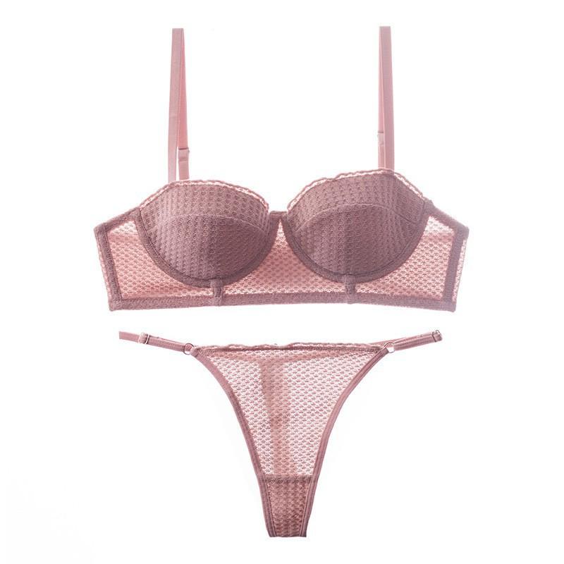 Summer 6 Color Sexy French 1/2 Cup Push Up Bra Set Fashion Women Lace Thin Cup Underwear Romantic Lavender Bras and Thong Set