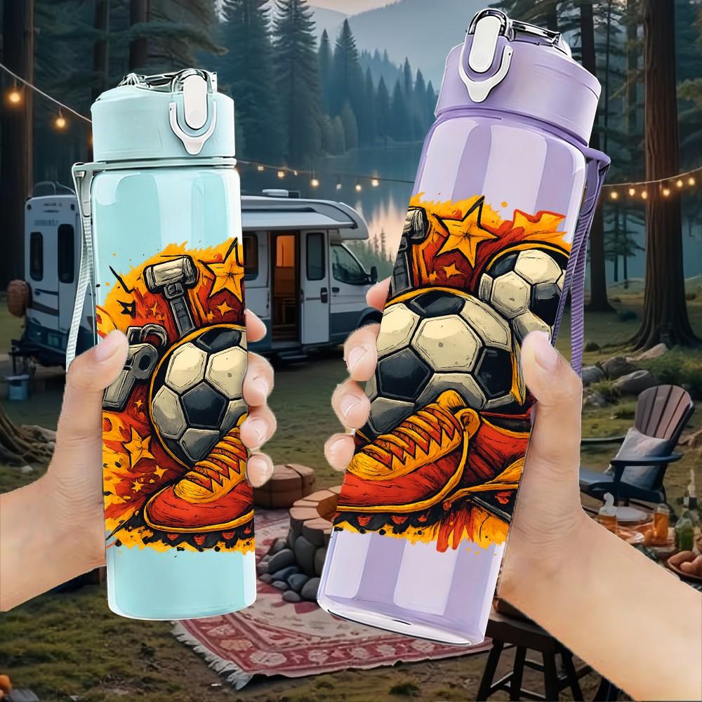 1PC Soccer Ball Burst Splash Print 750ml Color Plastic Sports Water Bottle Leakproof Flip Straw Lid Suitable for Sports Office Home Use