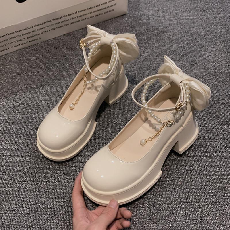 

Туфли Мэри Джейн для женщин Весенняя мода Французский жемчуг Универсальные Толстый каблук Кожаные туфли 39 бежевый