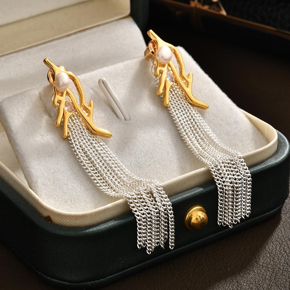 Elegant Long Tassel Chain Earrings, Luxury Pearl Drop Studs for Vacation