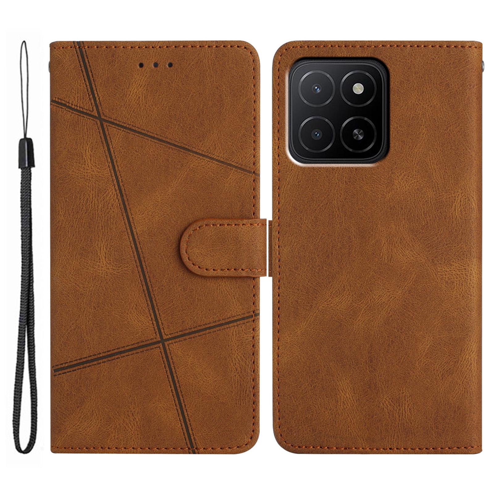 

For Honor X6c 4G Wallet Case Line Imprinted Skin-Touch Leather Flip Phone Cover Brown