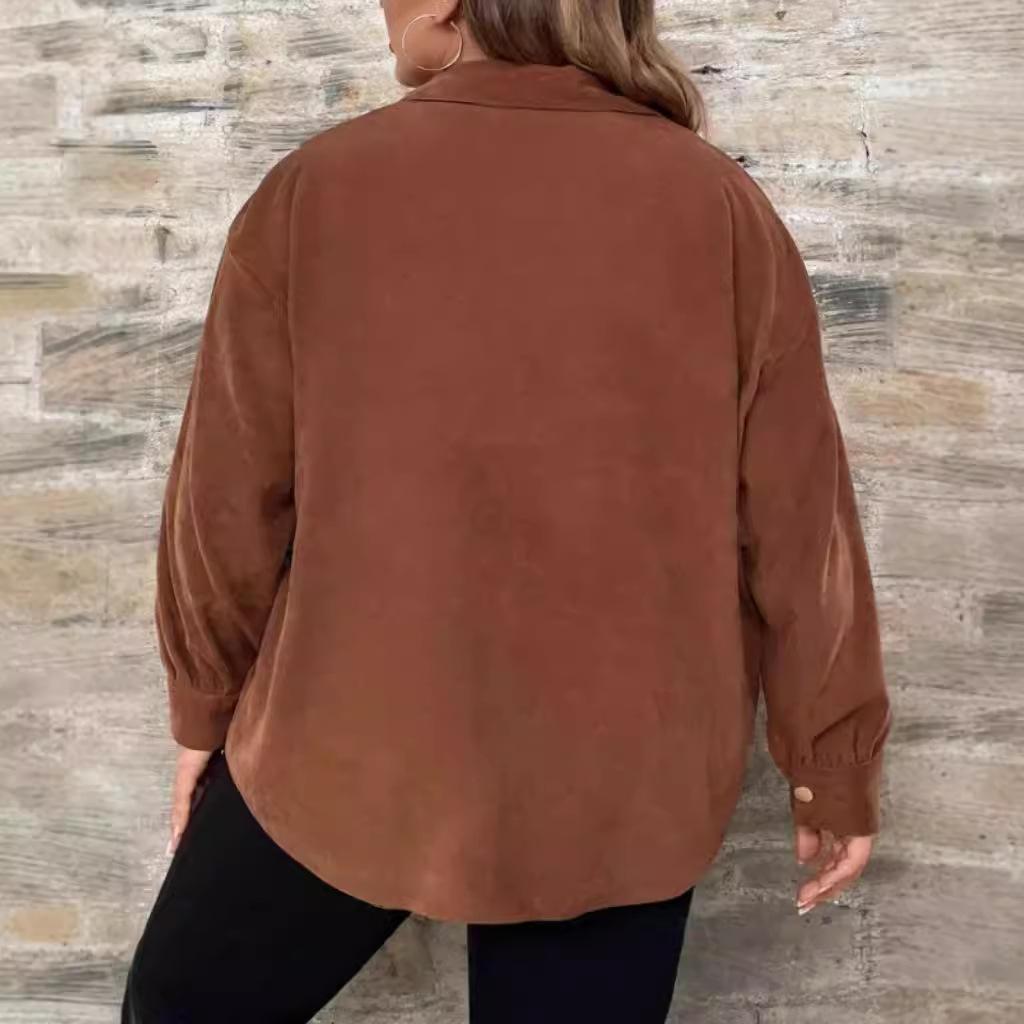 Autumn Women's Casual Solid Colour Individual Ribbed Long Sleeve Plus Size Shirt