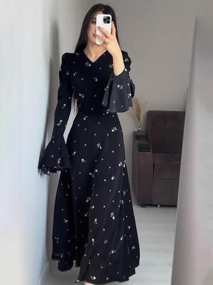 2025 Floral European Style Maxi Dress with Ruffle Sleeves and Cinched Waist