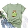 Summer Round Neck Cute Dog and Tea Cup Design Printed T-shirtsFashionable Casual Pure Cotton Short Sleeved Women's T-shirts