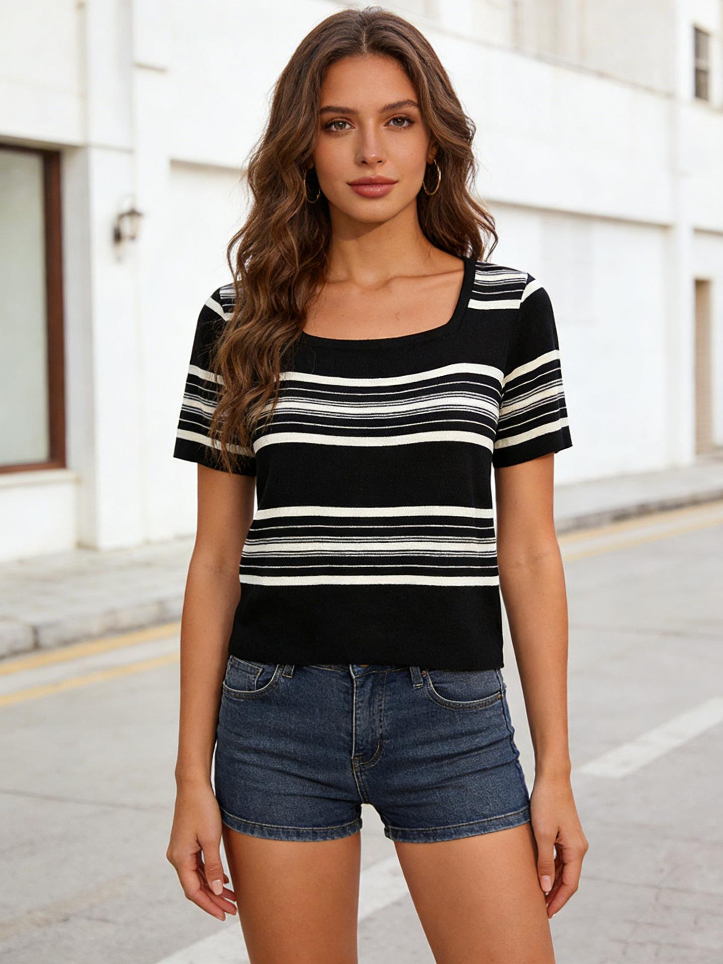 

New fresh wind short ice silk T-shirt bottoming shirt women s spring and summer stripes contrasting color square neck knitted sweater top One size fits all