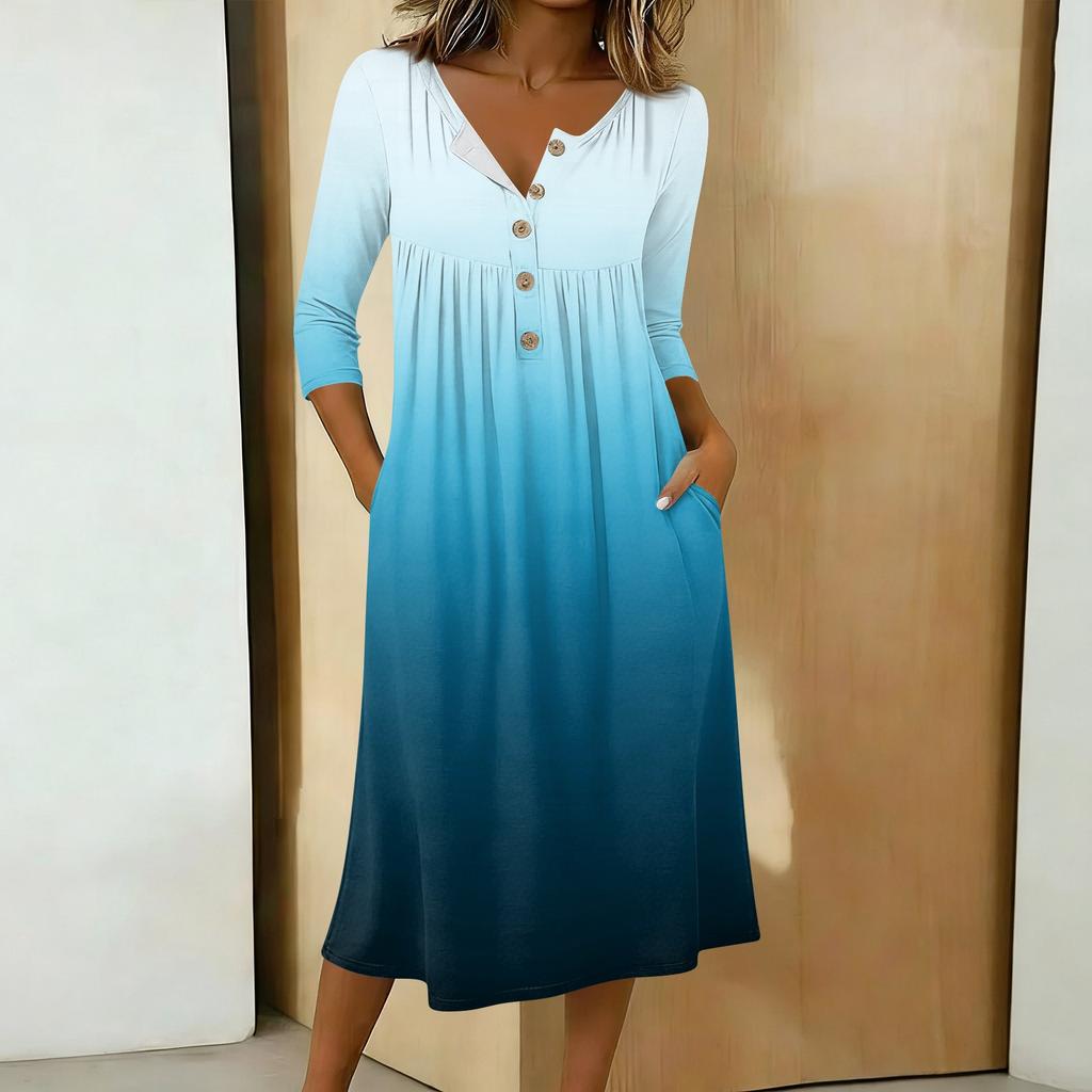 Women's Fashionable Color Printed Round Neck 3/4 Sleeve Button Collar Mid Length Casual Dress