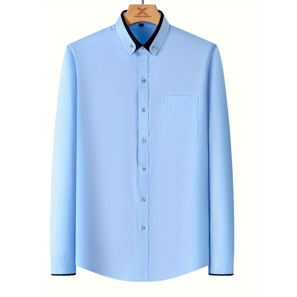 Men's Color-Block Collar Long Sleeve Dress Shirt with Crystal Buttons, Lapel Collar, Fashionable Business Casual Cardigan, Wrinkle-Free Stretch Shirt