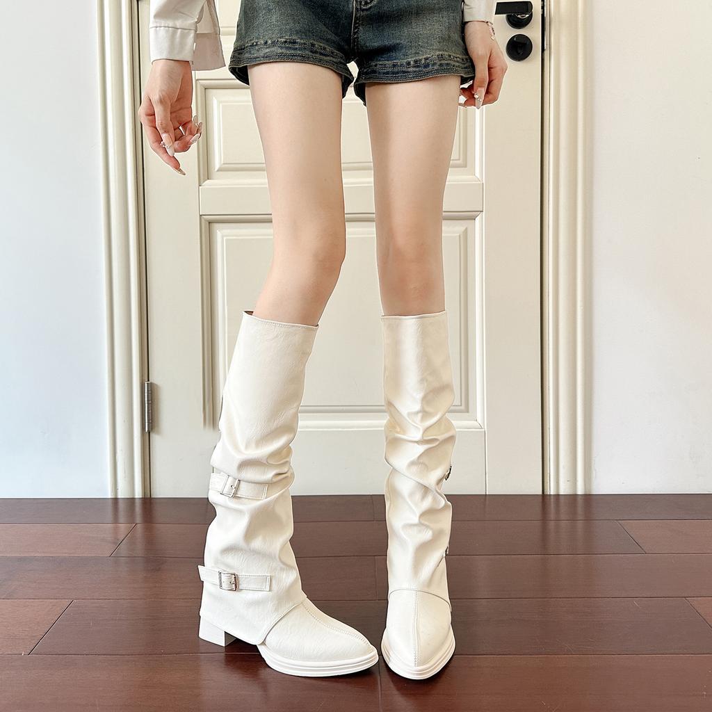 White Pile Boots European and American Spice Girls Belt Buckle Pants Long Boots Women's Tall Knight Boots Pointed High Heel Long Boots