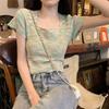 Rainbow Striped Soft Square Neck Short Sleeved T-shirt for Women In Summer Short Knit Top