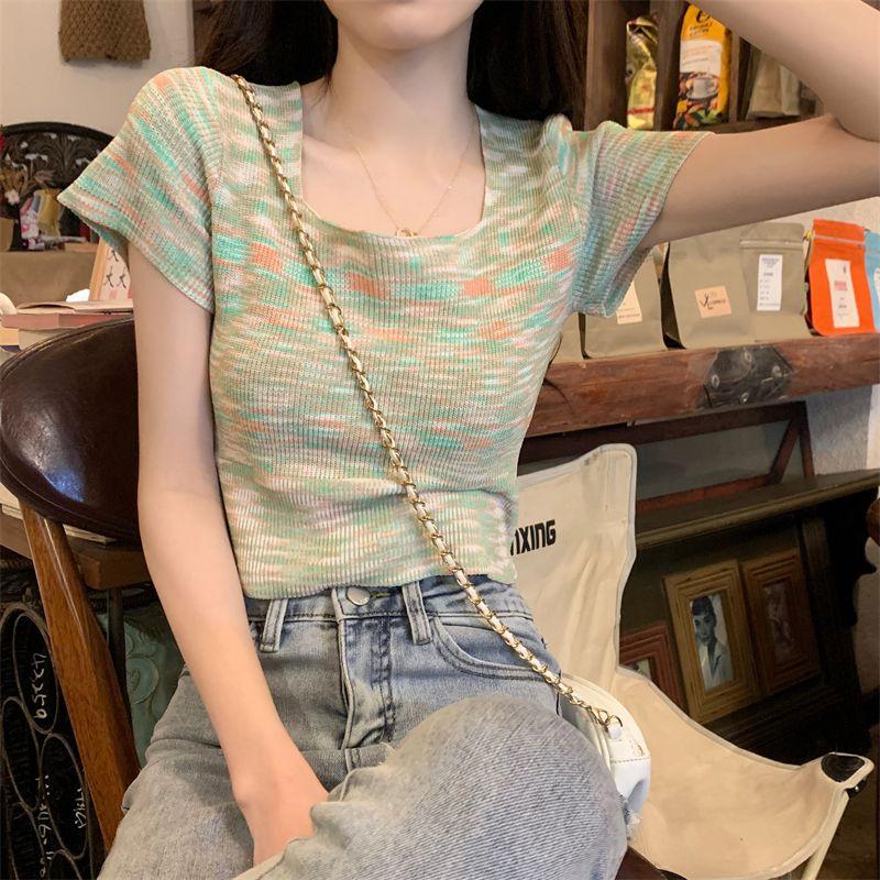 Rainbow Striped Soft Square Neck Short Sleeved T-shirt for Women In Summer Short Knit Top