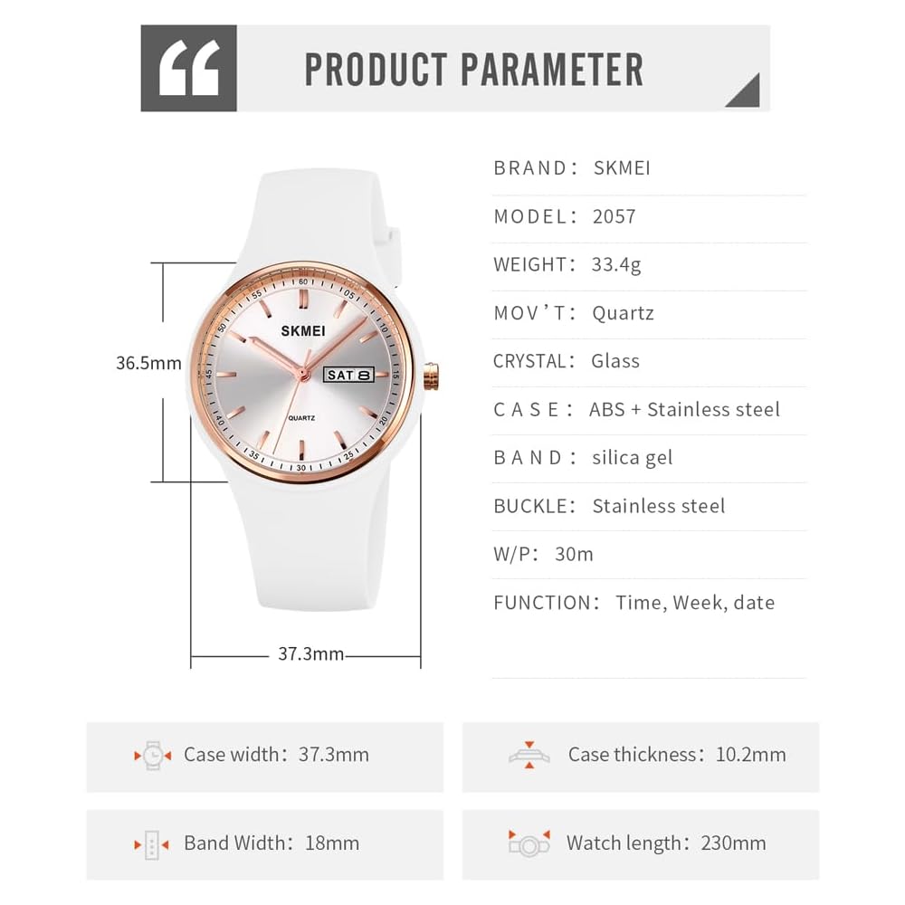 SKMEI Women's Silicone Waterproof Sports Watch Simple Casual Design with Date White