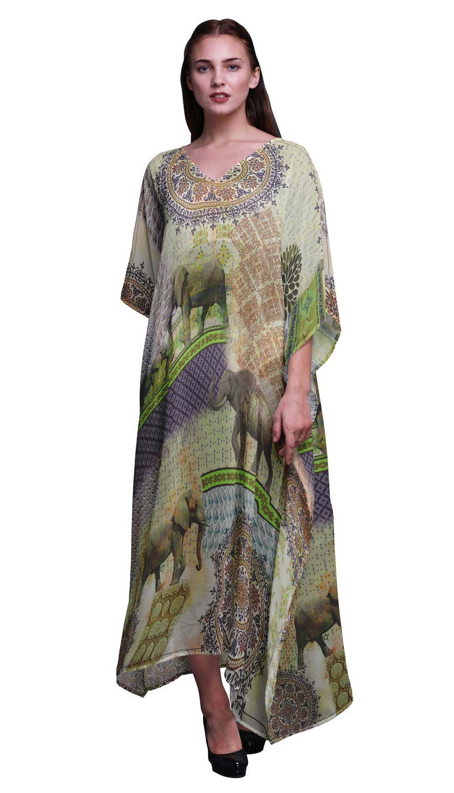 

Phagun Elephant Animal Beach Kaftan Bikini Cover up Womena s Maxi Dress Long XL-3X світло-жовтого кольору