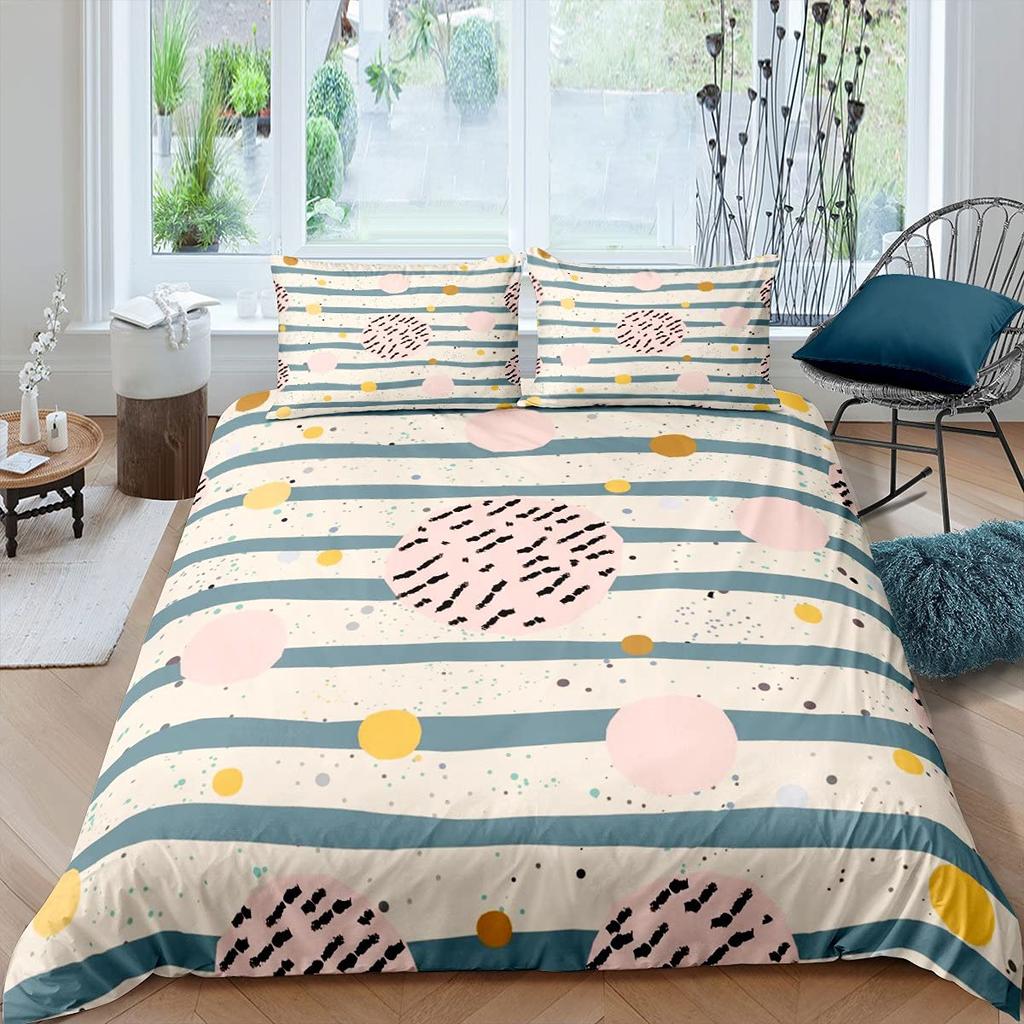 Colorful Dots Bedding Set Geometry Comforter Cover Set for Girls,Pink Yellow Green Red Purple Circle Print Duvet Cover Polyester