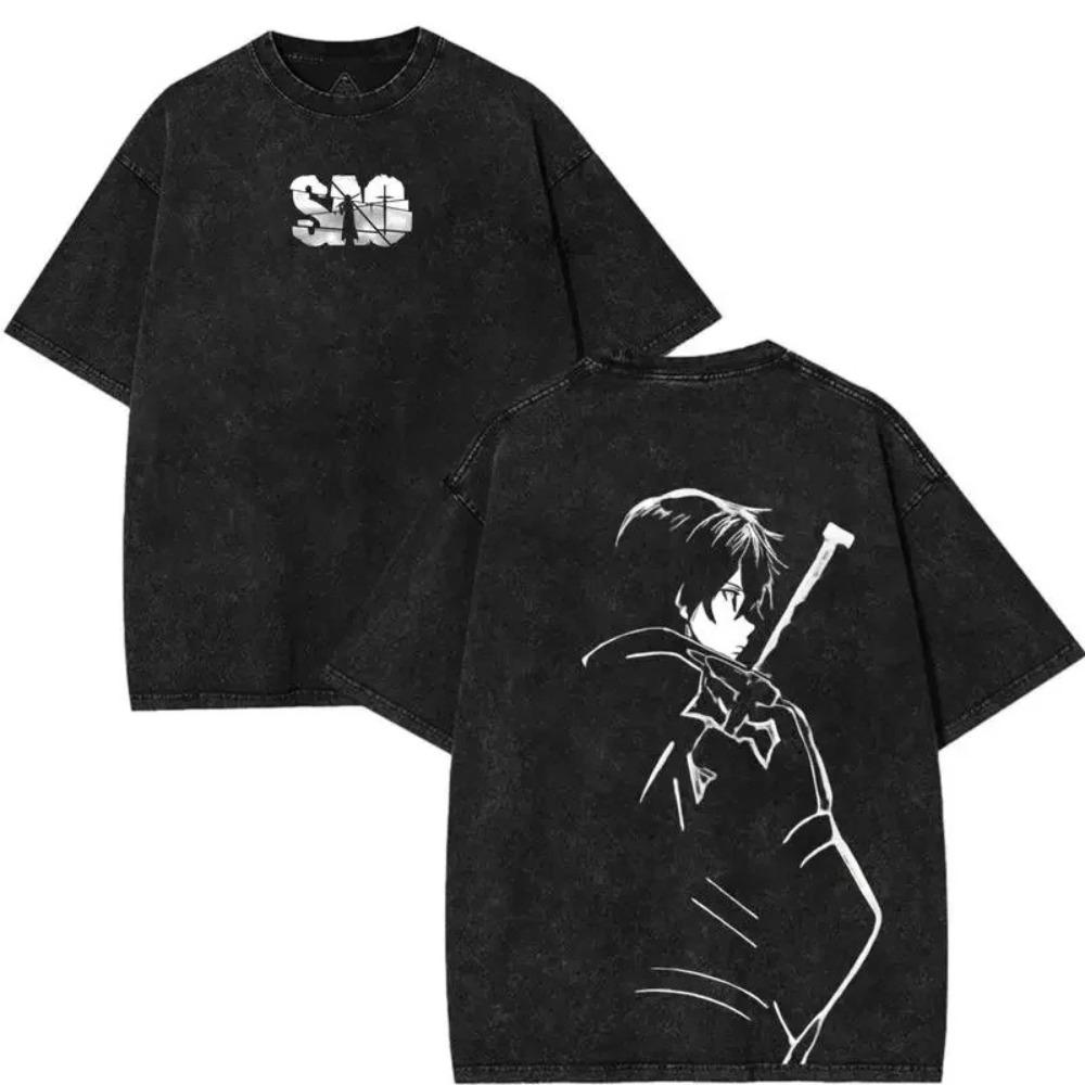 Sword Art Online Kirito & Asuna Vintage Washed T-Shirt Anime Couple Graphic Black Cotton Oversized Streetwear Tee