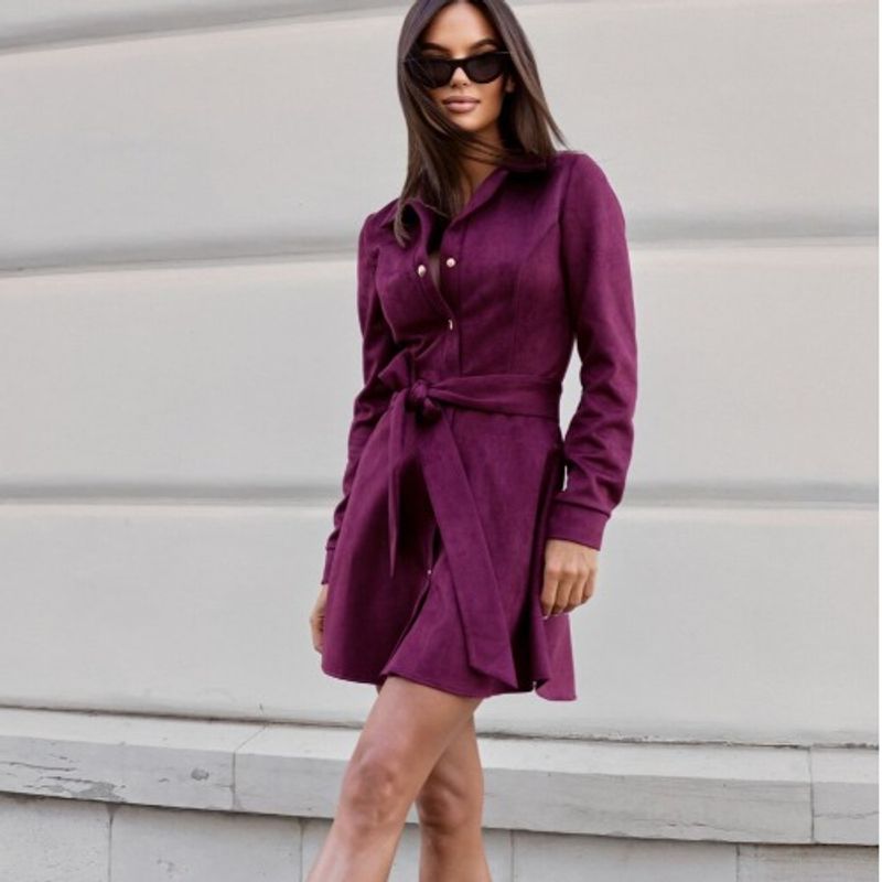 Cross-Border Fashion Style Fall and Winter Small Single-Breasted Pure Color Fashion Commuter Ol Pocket Long Sleeve Dress Short Skirt for Women
