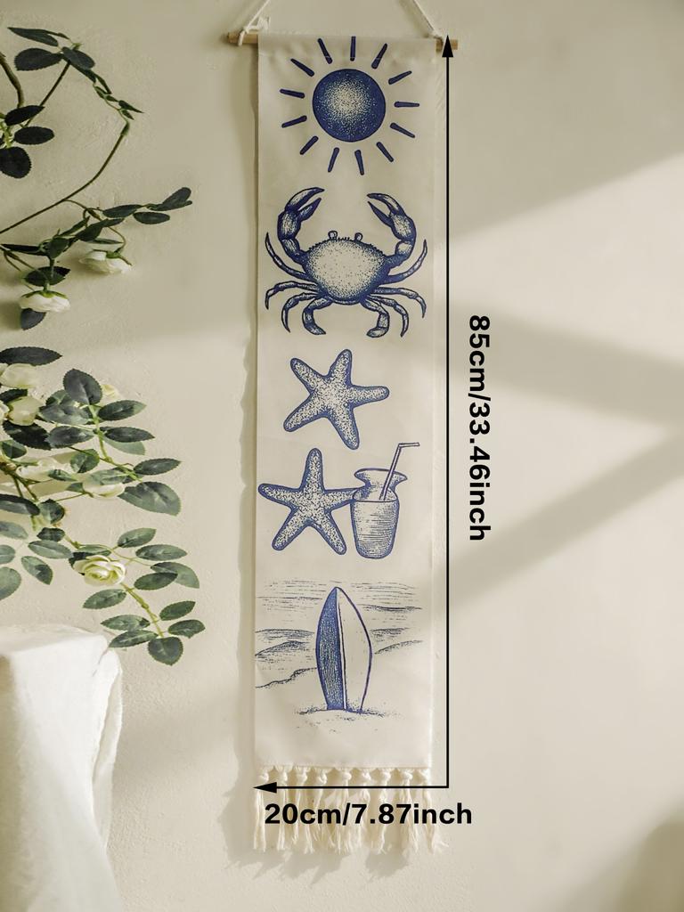 Coastal Tapestry, Beach Nautical Style Wall Hanging with Crab, Starfish, Surfboard Prints, Boho Home Decor, Room Aesthetic Gifts