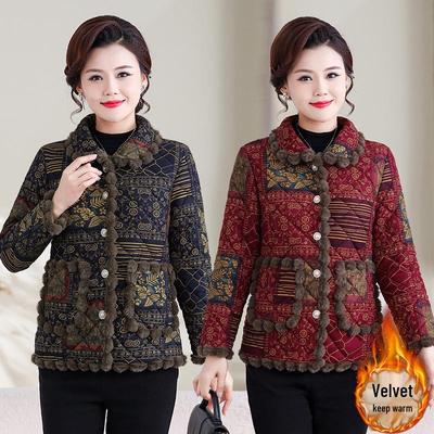 Stylish Floral Plush-Lined Cotton Jacket for Mid-Aged and Elderly Women - Warm, Loose Fit with Lapel