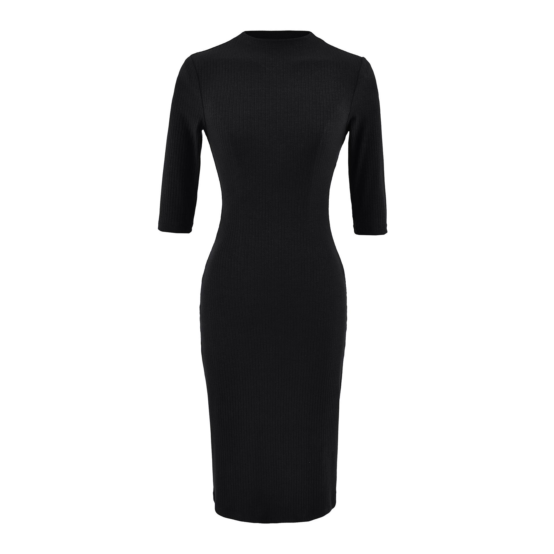 Women s French Light Luxury Ribbed Slim-Fit Midi Dress with Half-High Collar & Mid Sleeves Small чёрный