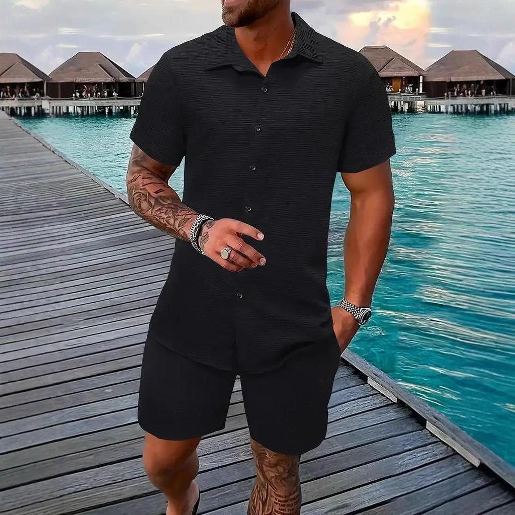 2026 European and American Summer Jacquard Solid Color Suit Short-sleeved Men's Vacation Casual Style Shirt and Shorts Two-piece Set