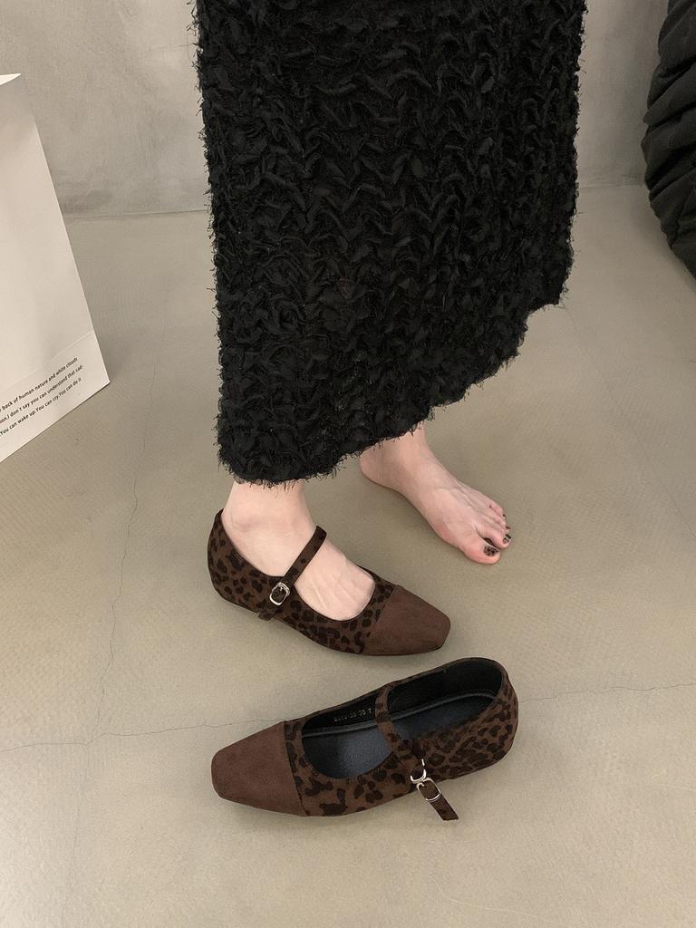 Inner Height Increase Leopard Print Single Shoes Autumn New Square Head One-word Buckle Suede Splicing Mary Jane Women's Shoes Doudou Shoes