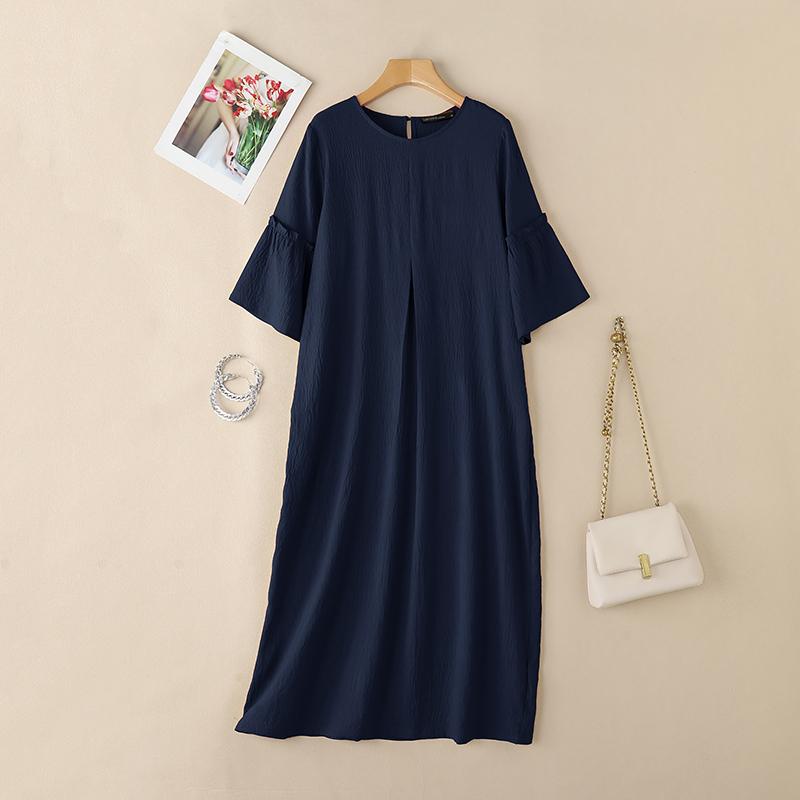 

ZANZEA Женское повседневное платье с круглым вырезом, однотонное, свободного кроя, с рукавом до локтя 2XL тёмно-синий