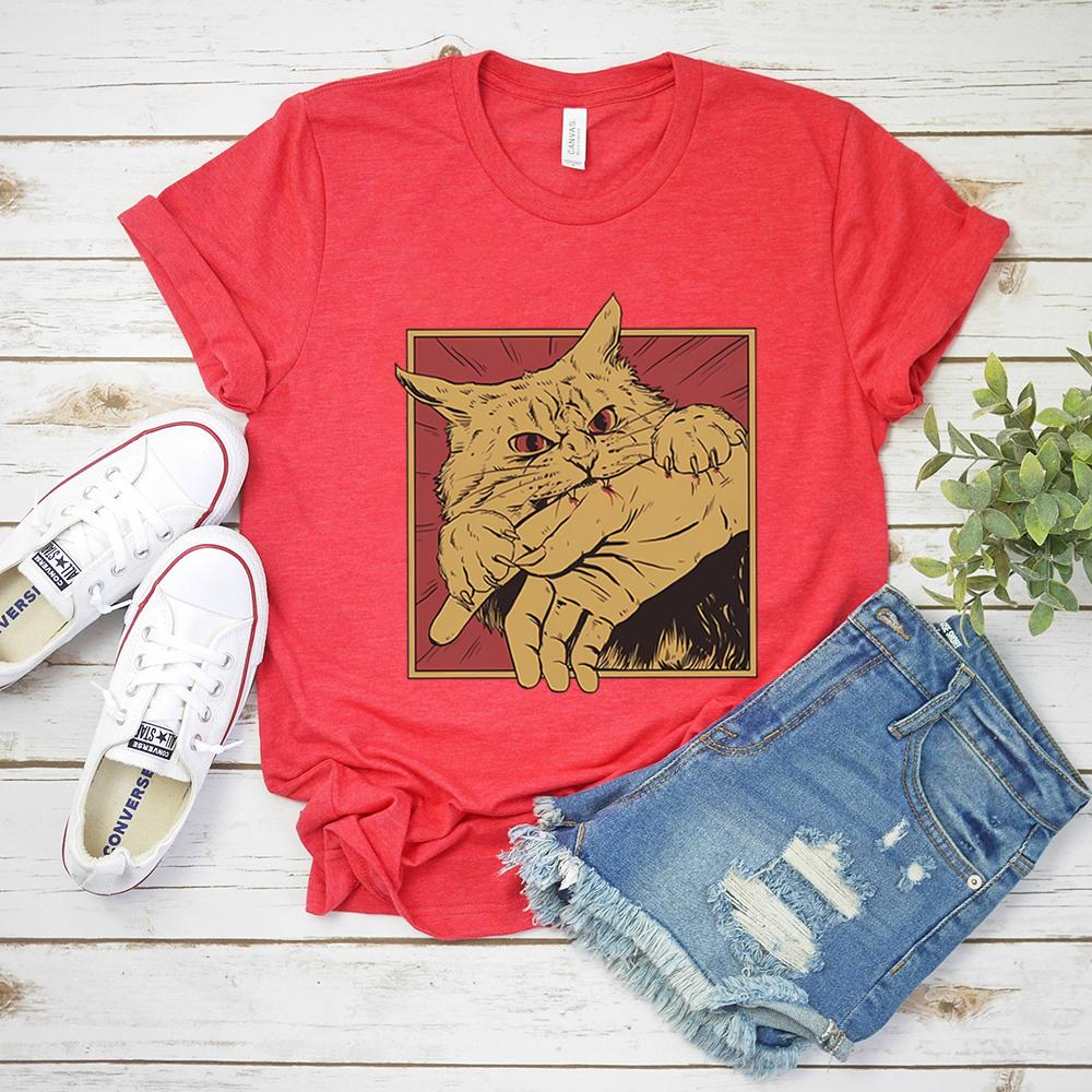 Vintage Cat Bite T Shirt Japanese Horror Anime Tshirt Horror Cat Tshirt Cats Crazy Shirts Unisex Retro Short Sleeve Tops S