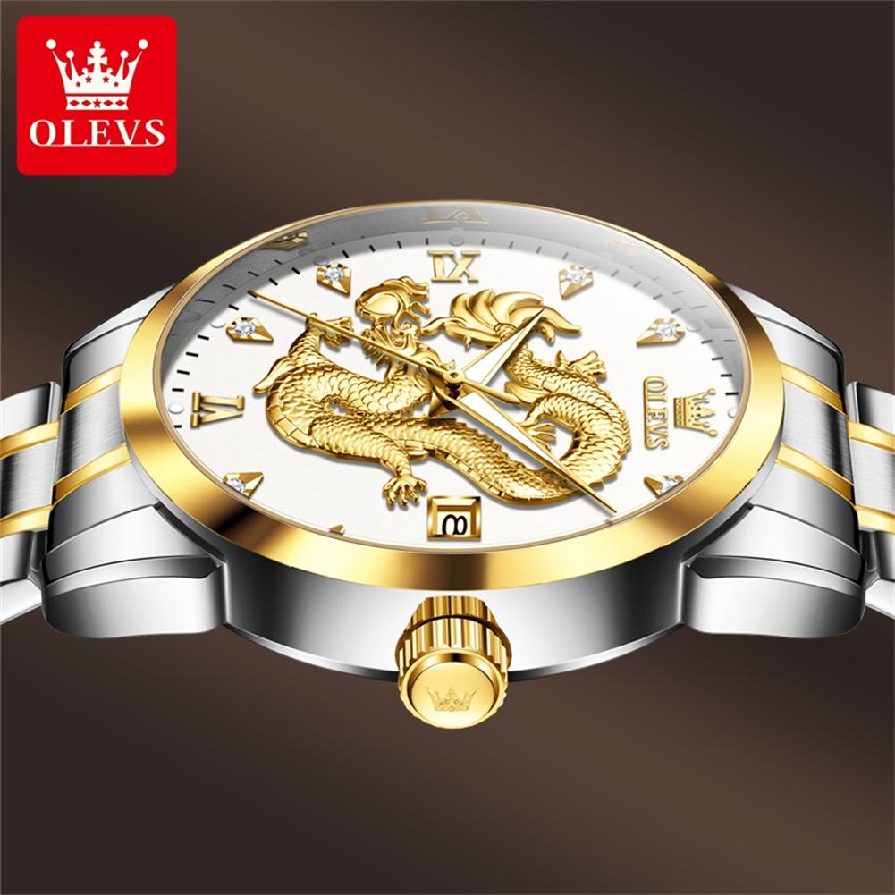 OLEVS Mens Watches Top Brand Luxury China Loong Dragon Dial Gold Quartz Watch for Men Waterproof Luminous Date Fashion Wacth Men