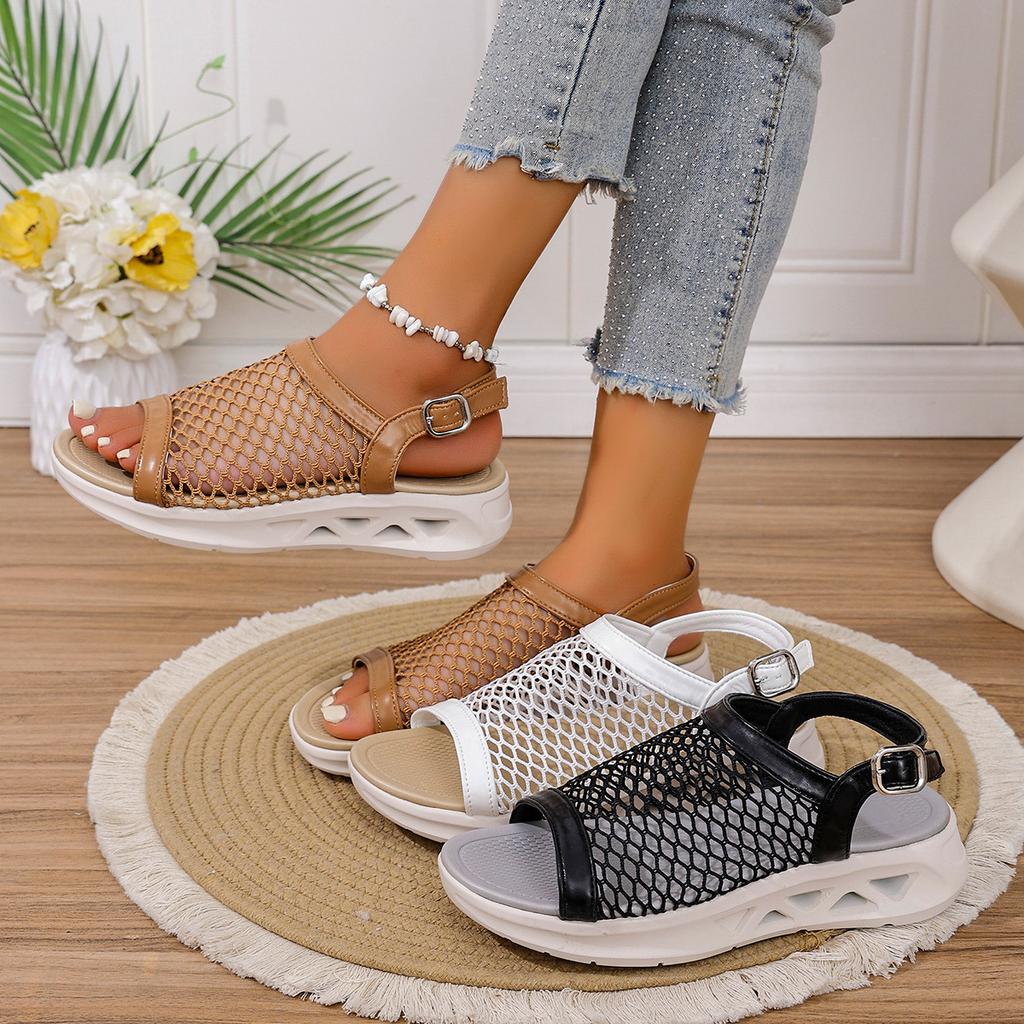 Large Size Platform Casual Sandals Women's 2025 New Fishing Net Hollow Fish Mouth Buckle Sandals Women's Foreign Trade