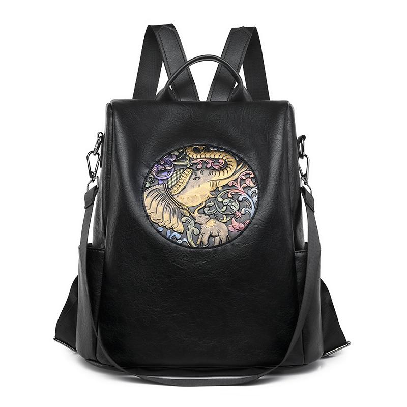 Vintage Ethnic Style Elephant Embroidered Backpack for Women, Anti-theft PU Leather Travel Bag, Fashion Convertible Shoulder Bag for Daily Use чёрный