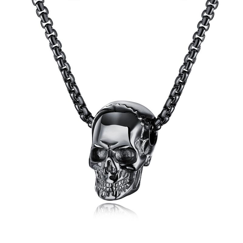 Wu's 2022 Retro Hip Hop Punk Stainless Steel Skull Necklace Men's Rock Personality Long Pendant Necklace Boho Halloween Ornament