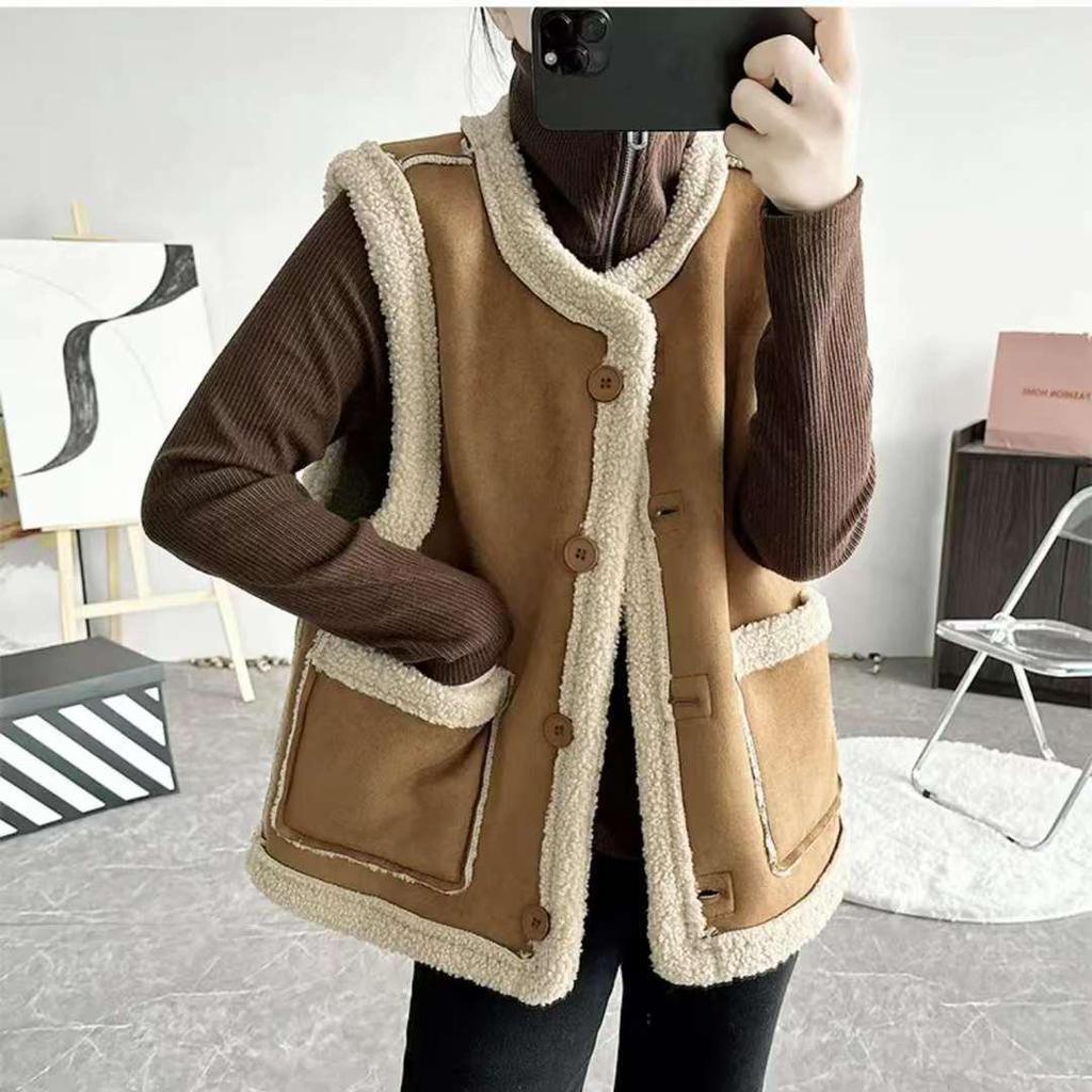 Women's Reversible Lamb Wool Vest - Retro Double-Sided Fleece, Brown, Autumn/Winter Hong Kong Style