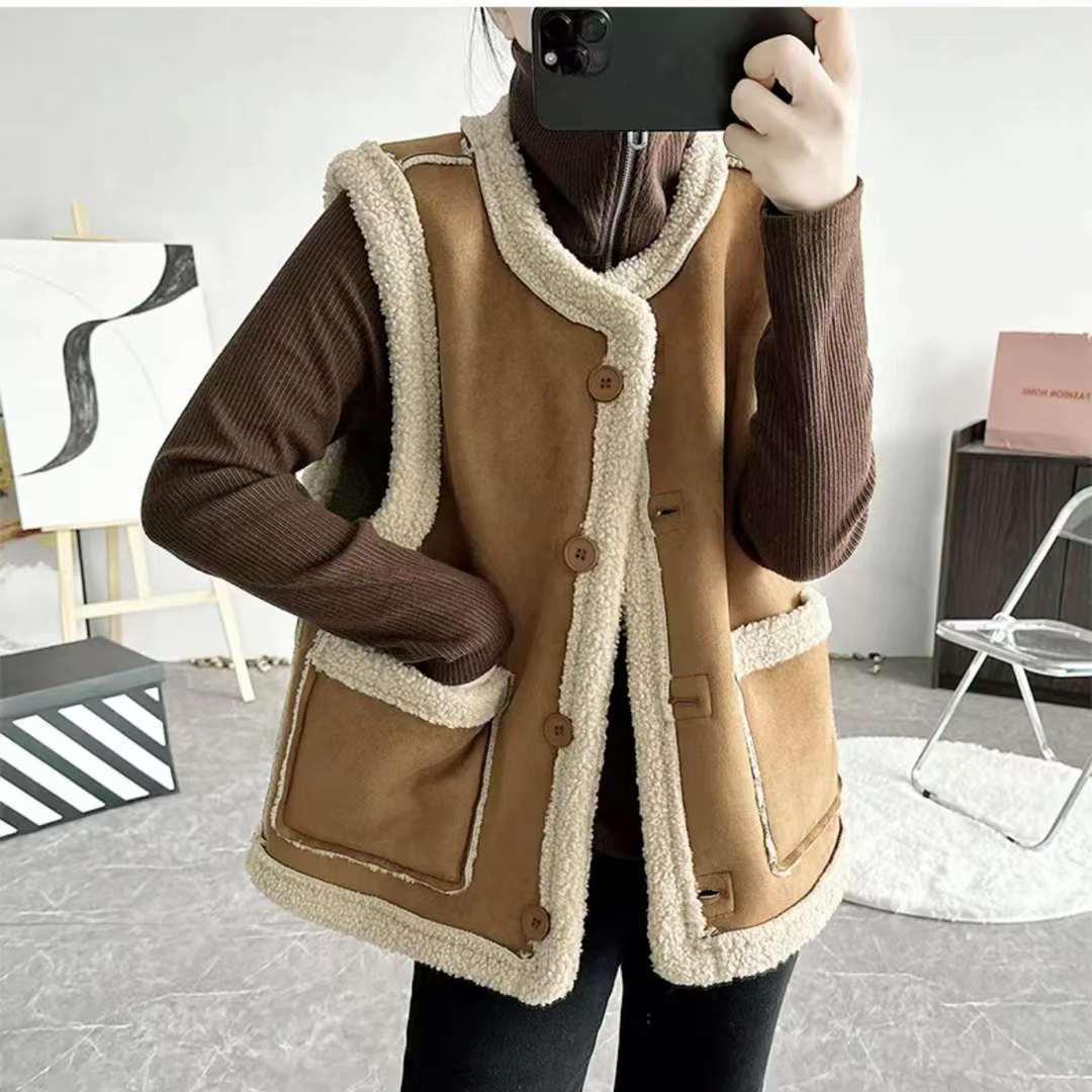 

Women s Reversible Lamb Wool Vest - Retro Double-Sided Fleece, Brown, Autumn/Winter Hong Kong Style S 40-50kg
