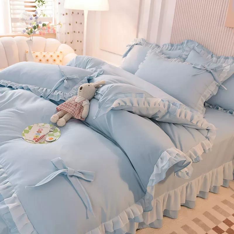 Girls Bedding Sets Kawaii Seersucker Bed Sheet Pillowcase Fashion Princess Duvet Cover Solid Color 4 Pieces Cute Home Decoration