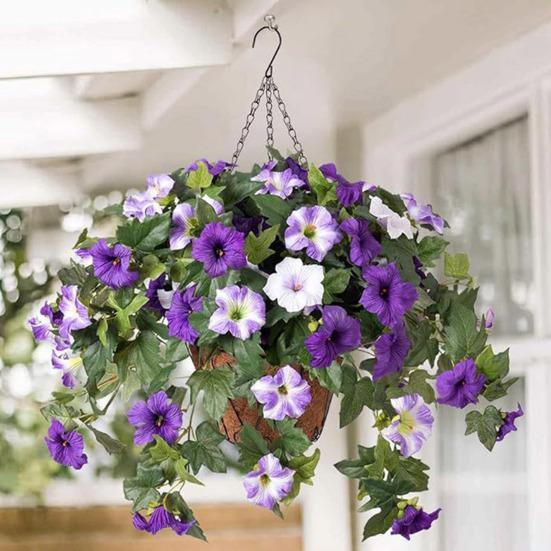 Artificial Hanging Fake Flowers with Basket Outdoor UV Resistant Faux Silk Morning Glory Vines Plants for Porch Patio Garden Balcony Yard Spring