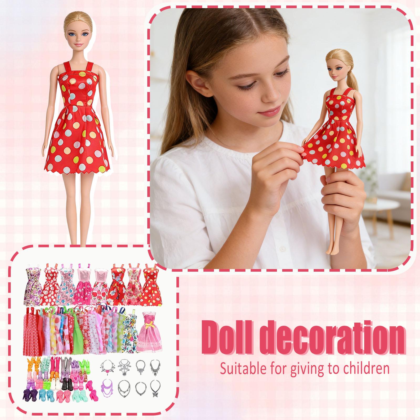 32-piece Doll Accessory Set:10x Clothes, 10x Shoes, 6 Necklaces, 6 Crowns One Size