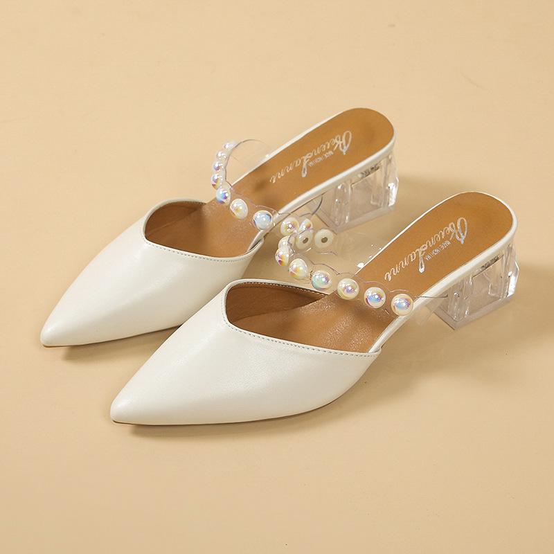 Summer new Korean version pointed transparent with pearl bag head thick heel women cool slippers fashion casual high heel slippers women