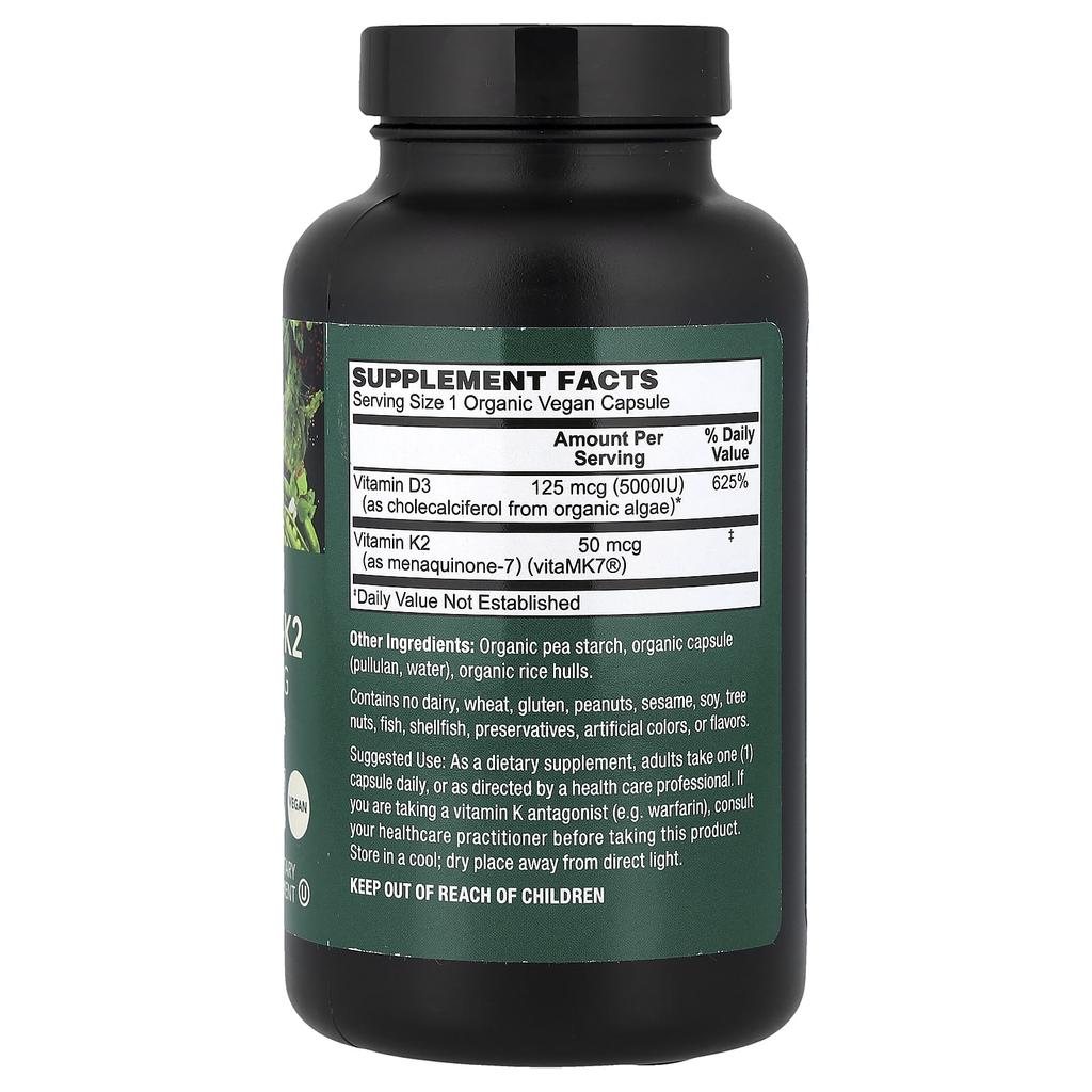 PlantFusion, Organic Vegan, Vitamin D3 + K2, 120 Organic Veggie Capsules