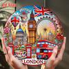 D-Dur London Wahrzeichen Wandkunst Runde Aluminium-Metallschild mit Big Ben London Eye Rote Busse Blumendesign Wasserdicht