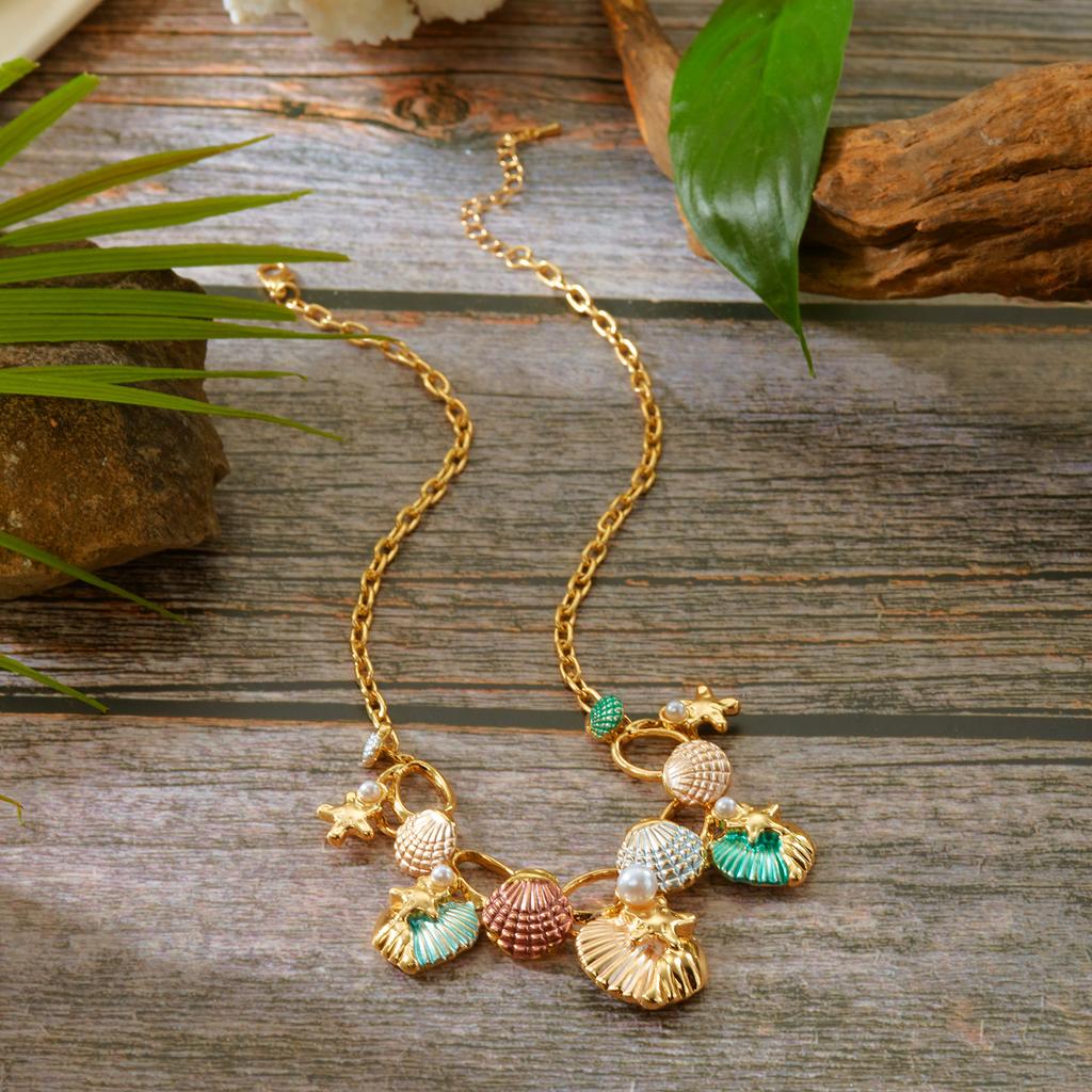 Boho Starfish Shell Coral Pearl Pendant Necklace For Women Shiny Crystal Zircon Dripping Oil Beach Clavicle Choker Charm Jewelry