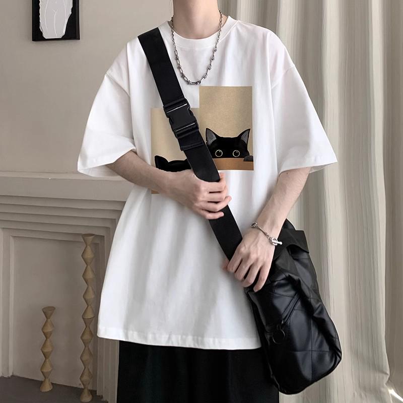 Men's Short-Sleeve Cotton Loose Print Round Neck Tee