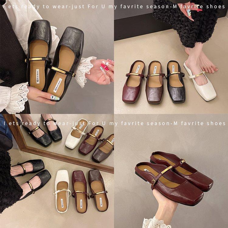 [Ushilai] French baotou half slippers women's 2025 spring new square head shallow mouth casual versatile one pedal